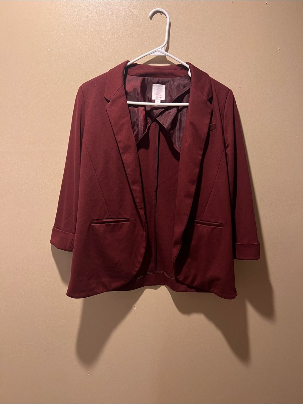 Lauren Conrad Women’s Open Front Blazer In Burgundy Size 12 3/4 Sleeve